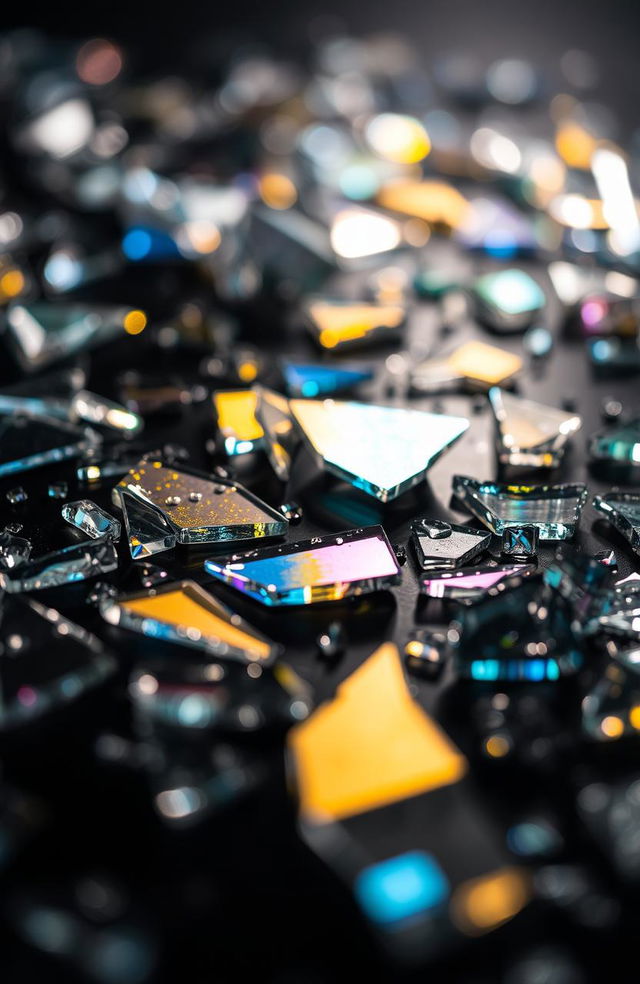 A close-up shot of shattered glass pieces scattered across a dark surface, reflecting light creating a beautiful array of colors