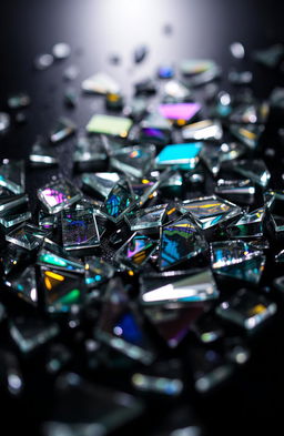 A close-up shot of shattered glass pieces scattered across a dark surface, reflecting light creating a beautiful array of colors