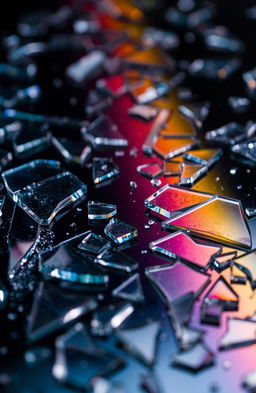 A close-up shot of shattered glass pieces scattered across a dark surface, reflecting light creating a beautiful array of colors