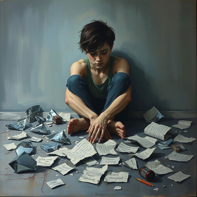 A poignant painting depicting an individual sitting on the floor, surrounded by shattered mirrors reflecting fragments of their face, broken glass glinting in the light, and scattered torn papers with dreams and aspirations scribbled on them