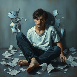 A poignant painting depicting an individual sitting on the floor, surrounded by shattered mirrors reflecting fragments of their face, broken glass glinting in the light, and scattered torn papers with dreams and aspirations scribbled on them