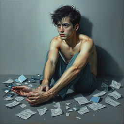 A poignant painting depicting an individual sitting on the floor, surrounded by shattered mirrors reflecting fragments of their face, broken glass glinting in the light, and scattered torn papers with dreams and aspirations scribbled on them