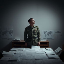 A military commander or geopolitical analyst standing in front of a table cluttered with maps and documents, but without revealing exact details of the content