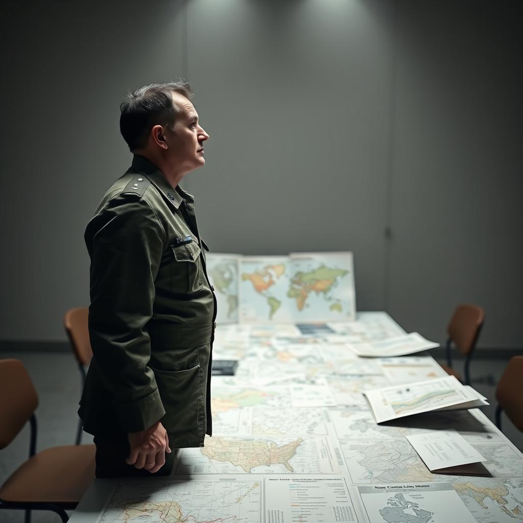 A military commander or geopolitical analyst standing in front of a table cluttered with maps and documents, but without revealing exact details of the content