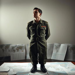A military commander or geopolitical analyst standing in front of a table cluttered with maps and documents, but without revealing exact details of the content