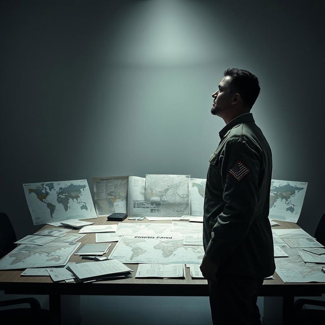 A military commander or geopolitical analyst standing in front of a table cluttered with maps and documents, but without revealing exact details of the content