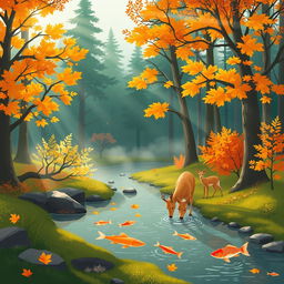 A stylized illustration of a peaceful forest during autumn, with vibrant orange and yellow leaves on trees, sun rays filtering through the branches, and a soft mist rising from the ground