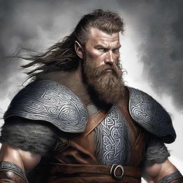 An exceptional digital art piece, showcasing a Viking with dark curly hair