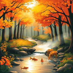 A stylized illustration of a peaceful forest during autumn, with vibrant orange and yellow leaves on trees, sun rays filtering through the branches, and a soft mist rising from the ground