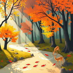 A stylized illustration of a peaceful forest during autumn, with vibrant orange and yellow leaves on trees, sun rays filtering through the branches, and a soft mist rising from the ground