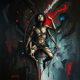 An abstract painting portraying an individual encapsulated in a complex web or cage, symbolizing the suffocating grip of drug addiction