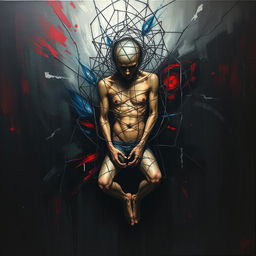 An abstract painting portraying an individual encapsulated in a complex web or cage, symbolizing the suffocating grip of drug addiction