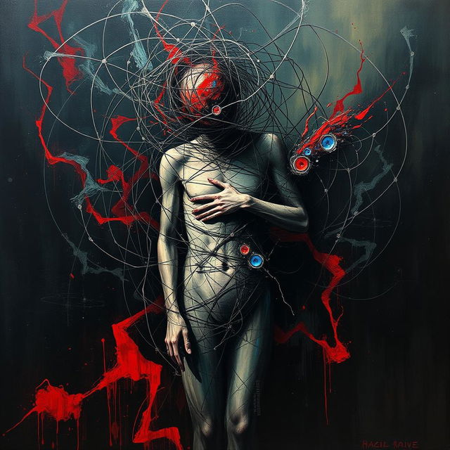 An abstract painting portraying an individual encapsulated in a complex web or cage, symbolizing the suffocating grip of drug addiction