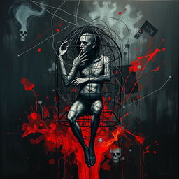 An abstract painting portraying an individual encapsulated in a complex web or cage, symbolizing the suffocating grip of drug addiction