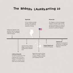 Create a digital timeline showcasing significant events in the development of the Filipino language throughout different historical periods: Indigenous, Spanish, American, and Japanese
