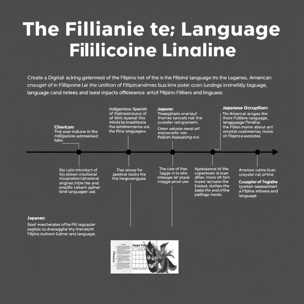 Create a digital timeline showcasing significant events in the development of the Filipino language throughout different historical periods: Indigenous, Spanish, American, and Japanese