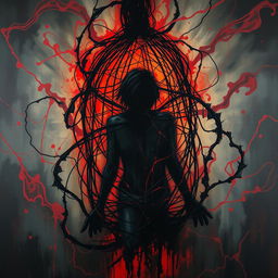An abstract painting illustrating a figure ensnared in a tangled web or cage, symbolizing the suffocating grip of drug addiction
