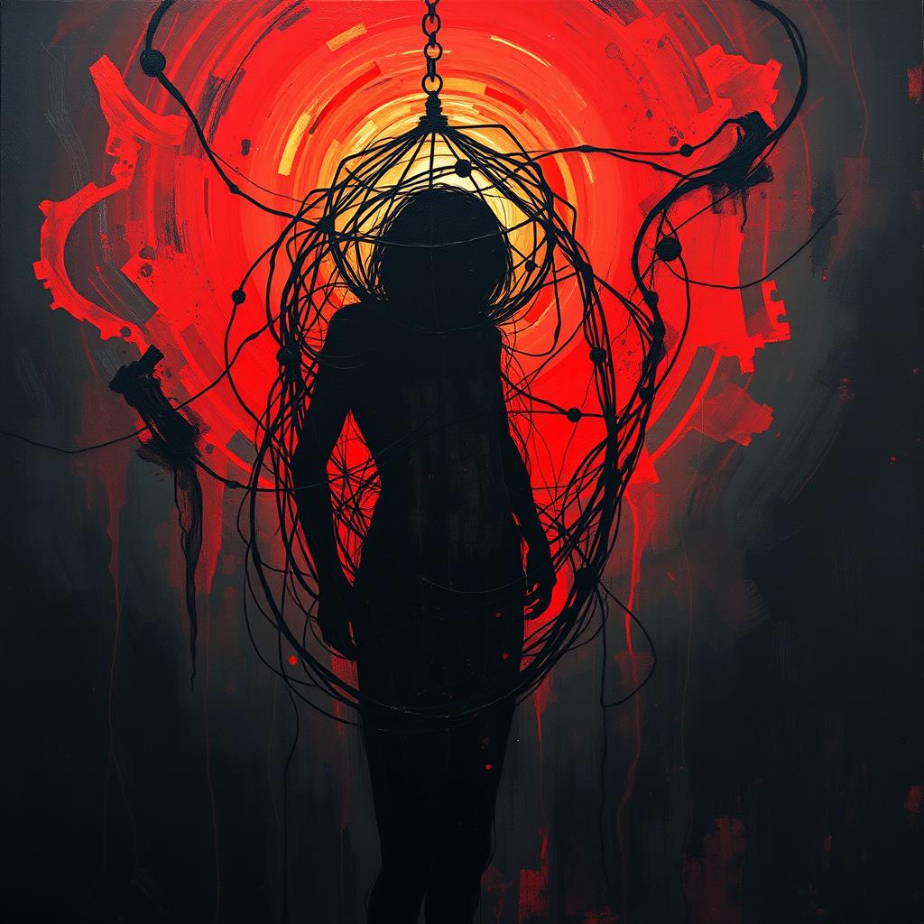 An abstract painting illustrating a figure ensnared in a tangled web or cage, symbolizing the suffocating grip of drug addiction