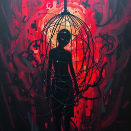 An abstract painting illustrating a figure ensnared in a tangled web or cage, symbolizing the suffocating grip of drug addiction