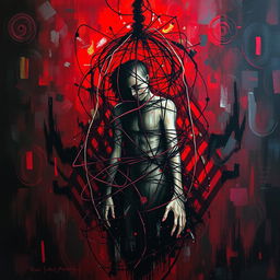 An abstract painting illustrating a figure ensnared in a tangled web or cage, symbolizing the suffocating grip of drug addiction