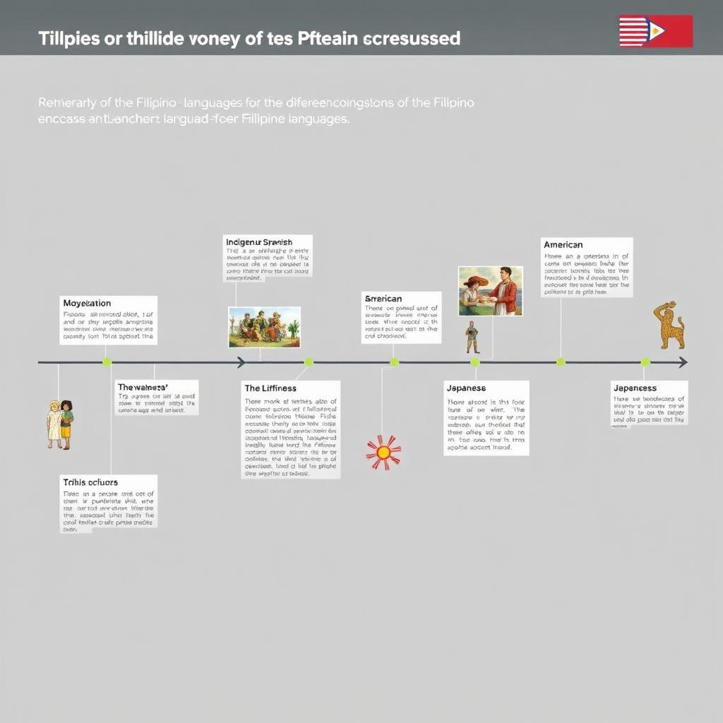 Digital timeline showcasing key events in the development of the Filipino language across different historical periods: Indigenous, Spanish, American, and Japanese
