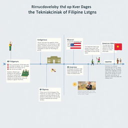 Digital timeline showcasing key events in the development of the Filipino language across different historical periods: Indigenous, Spanish, American, and Japanese