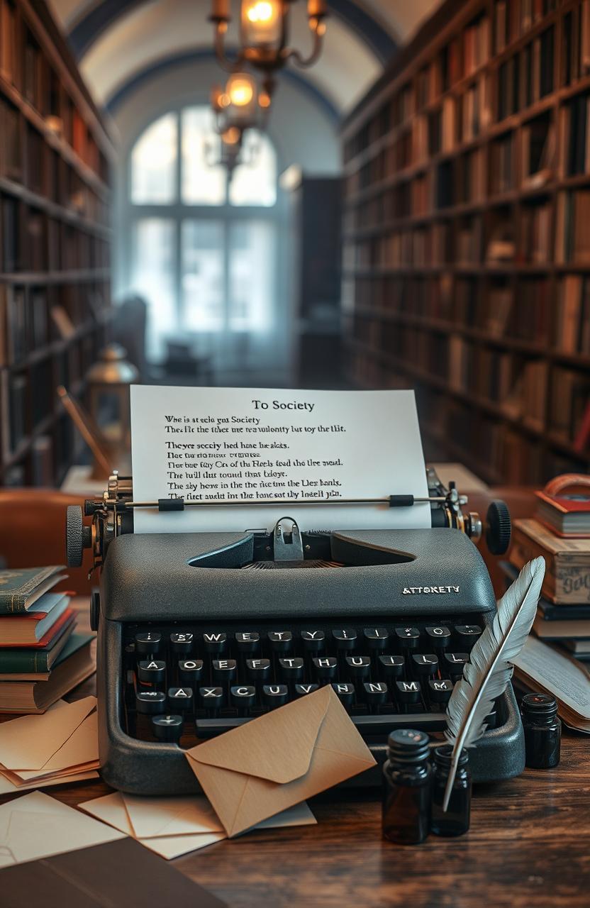 An imaginative representation of a collection of poetry titled 'Letters To Society,' featuring a vintage typewriter with a sheet of paper containing beautifully written verses about society's complexities