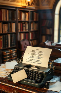 An imaginative representation of a collection of poetry titled 'Letters To Society,' featuring a vintage typewriter with a sheet of paper containing beautifully written verses about society's complexities