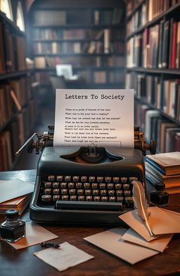 An imaginative representation of a collection of poetry titled 'Letters To Society,' featuring a vintage typewriter with a sheet of paper containing beautifully written verses about society's complexities