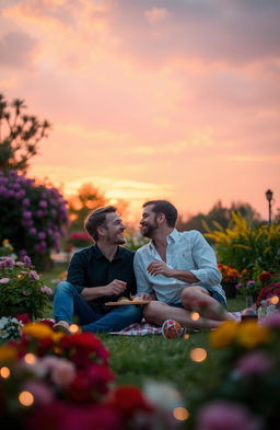 A romantic scene set in a beautiful, lush garden during sunset