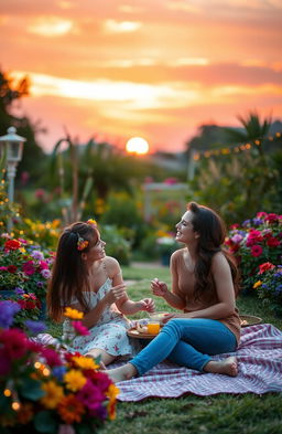 A romantic scene set in a beautiful, lush garden during sunset