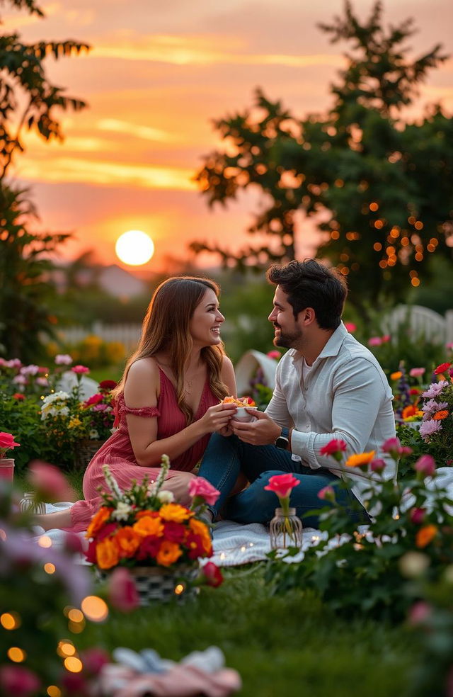 A romantic scene set in a beautiful, lush garden during sunset