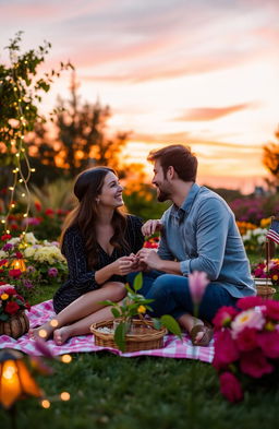 A romantic scene set in a beautiful, lush garden during sunset