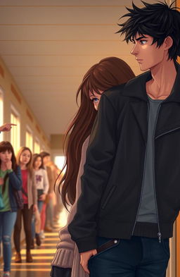 A heartfelt scene depicting a girl with long, flowing brown hair, standing in a school corridor, looking shy yet determined