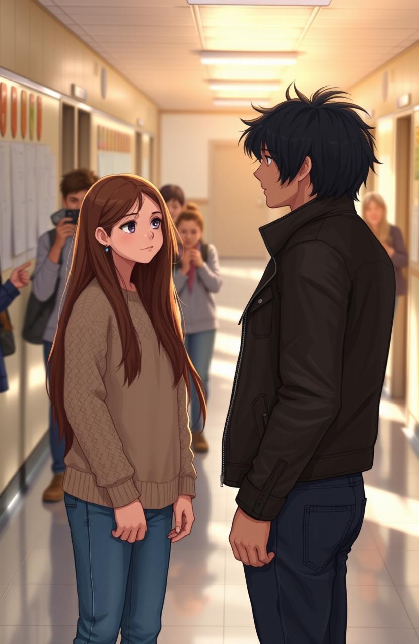 A heartfelt scene depicting a girl with long, flowing brown hair, standing in a school corridor, looking shy yet determined