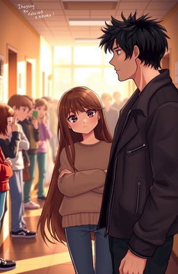 A heartfelt scene depicting a girl with long, flowing brown hair, standing in a school corridor, looking shy yet determined