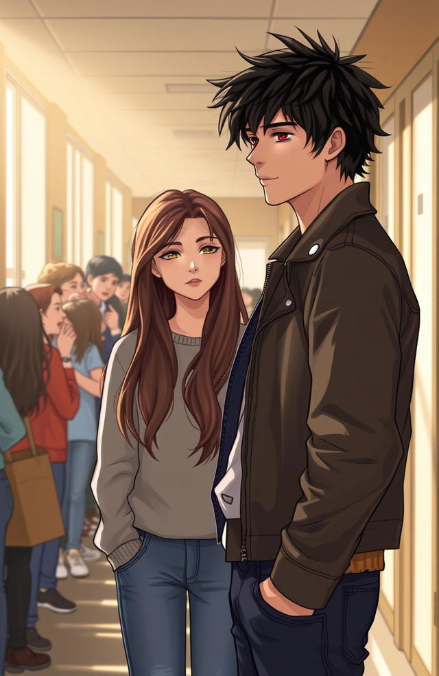 A heartfelt scene depicting a girl with long, flowing brown hair, standing in a school corridor, looking shy yet determined