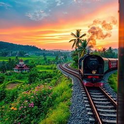 A picturesque view showcasing Indian train tracks weaving through lush green landscapes