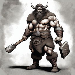 A digital art of a muscular viking with dark, curly hair, holding a massive hammer