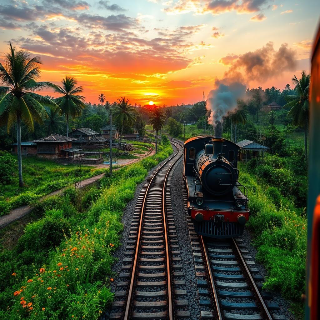 A picturesque view showcasing Indian train tracks weaving through lush green landscapes