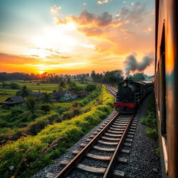 A picturesque view showcasing Indian train tracks weaving through lush green landscapes