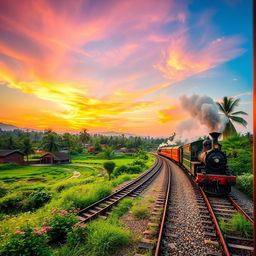 A picturesque view showcasing Indian train tracks weaving through lush green landscapes