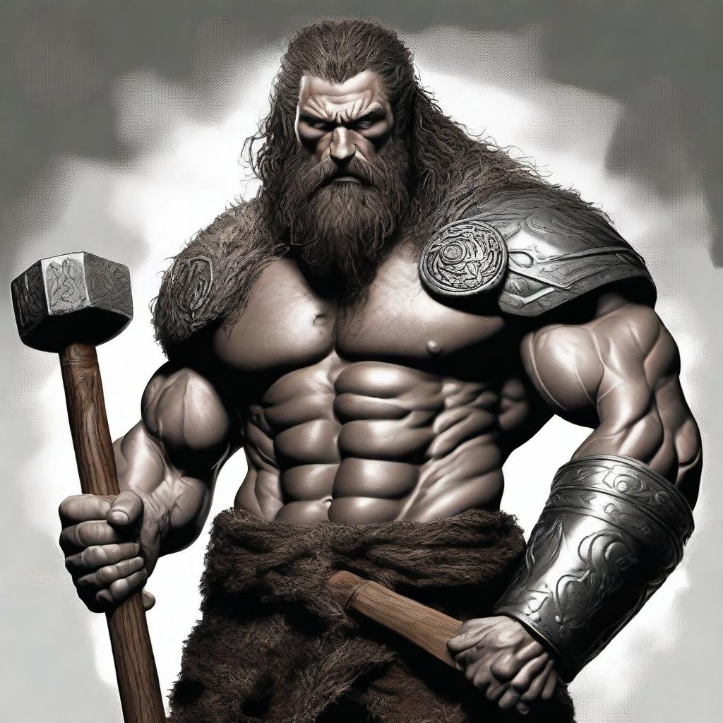 A digital art of a muscular viking with dark, curly hair, holding a massive hammer