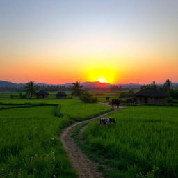 A scenic view of the Indian countryside, featuring lush green fields, traditional mud houses, and a vibrant sunset sky casting warm colors over the landscape