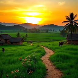 A scenic view of the Indian countryside, featuring lush green fields, traditional mud houses, and a vibrant sunset sky casting warm colors over the landscape