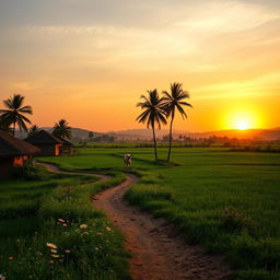 A scenic view of the Indian countryside, featuring lush green fields, traditional mud houses, and a vibrant sunset sky casting warm colors over the landscape