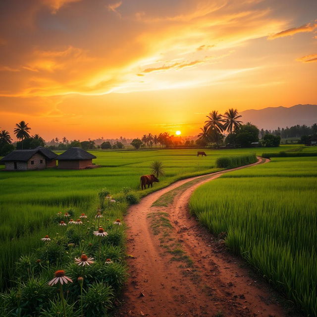 A scenic view of the Indian countryside, featuring lush green fields, traditional mud houses, and a vibrant sunset sky casting warm colors over the landscape