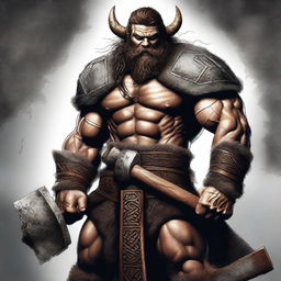 A digital art of a muscular viking with dark, curly hair, holding a massive hammer