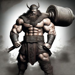 A digital art of a muscular viking with dark, curly hair, holding a massive hammer