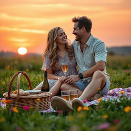 A sweet couple sitting closely on a blanket during a sunset picnic, sharing laughter and joy
